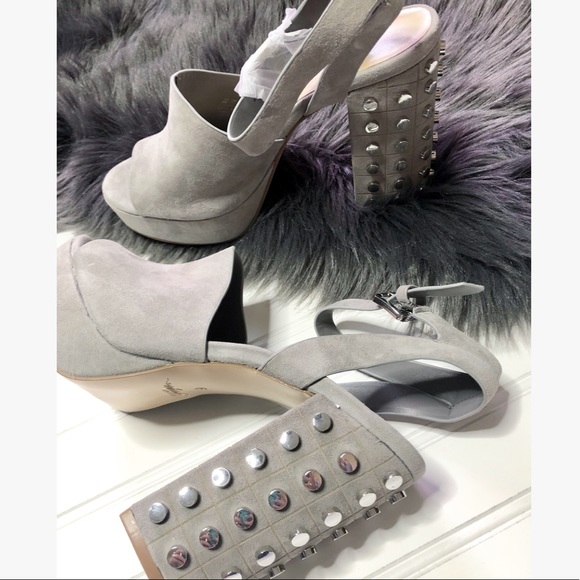 Gray Suede Studded Block Strappy Heels - Picture 4 of 7